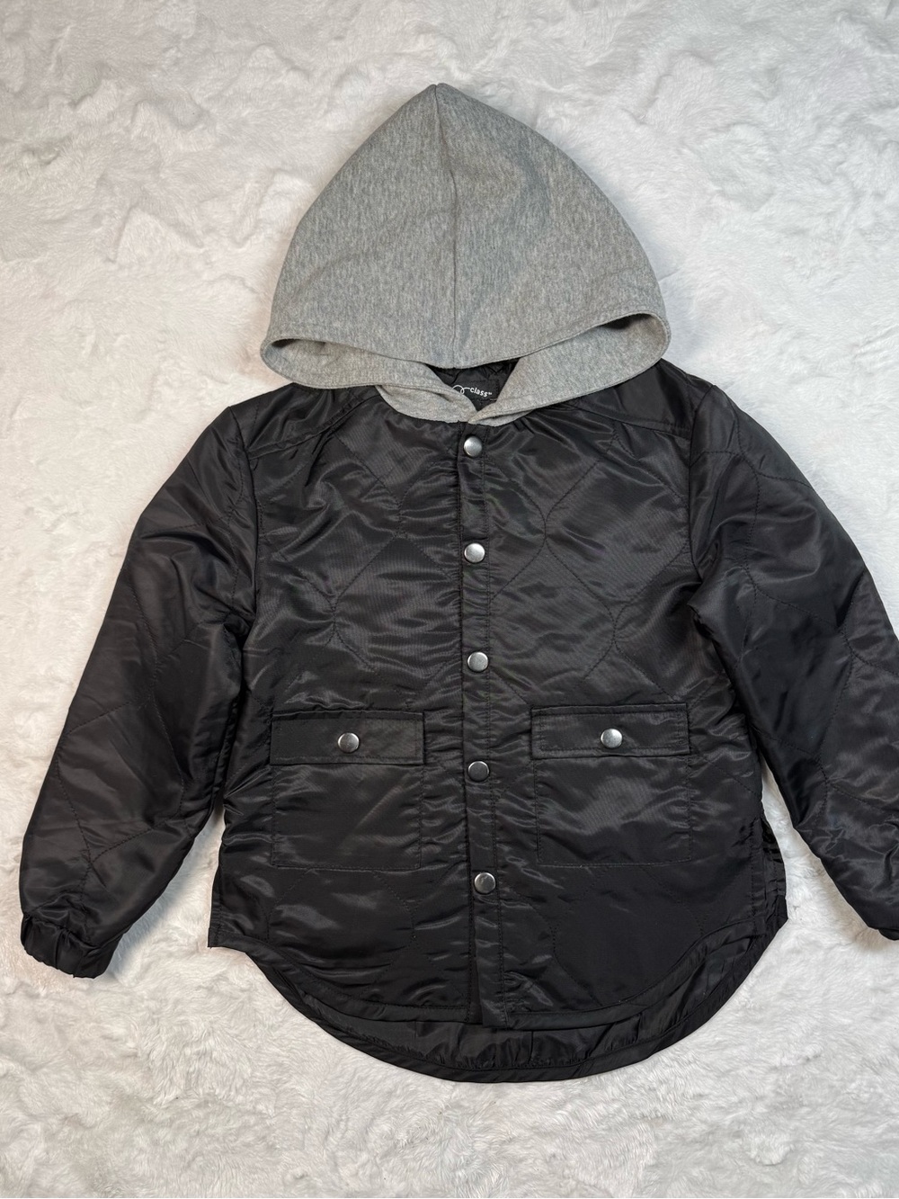 art class Black Quilted Jacket with Gray Hood